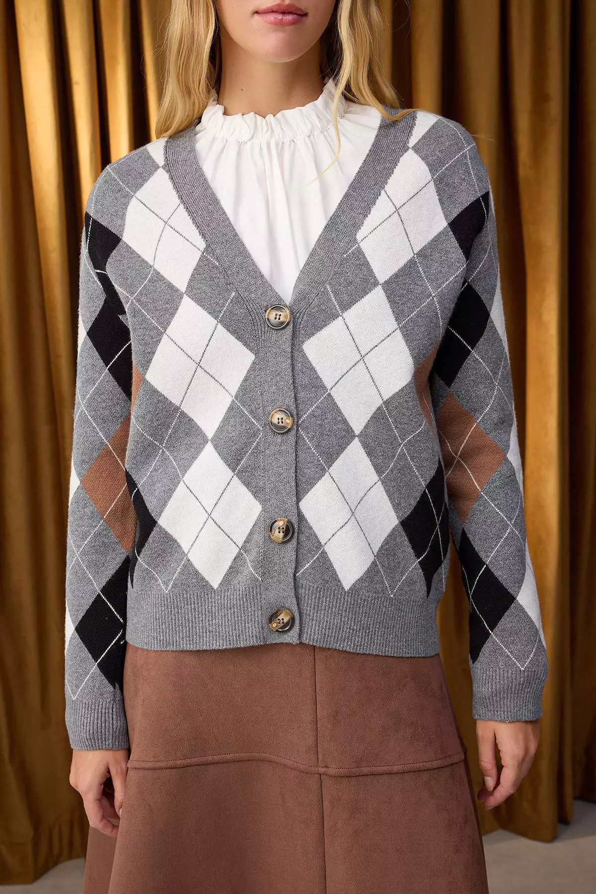 Anthracite Premium Yarn/Special Yarn Diamond Patterned Knitwear Cardigan Twoaw26Hi00158