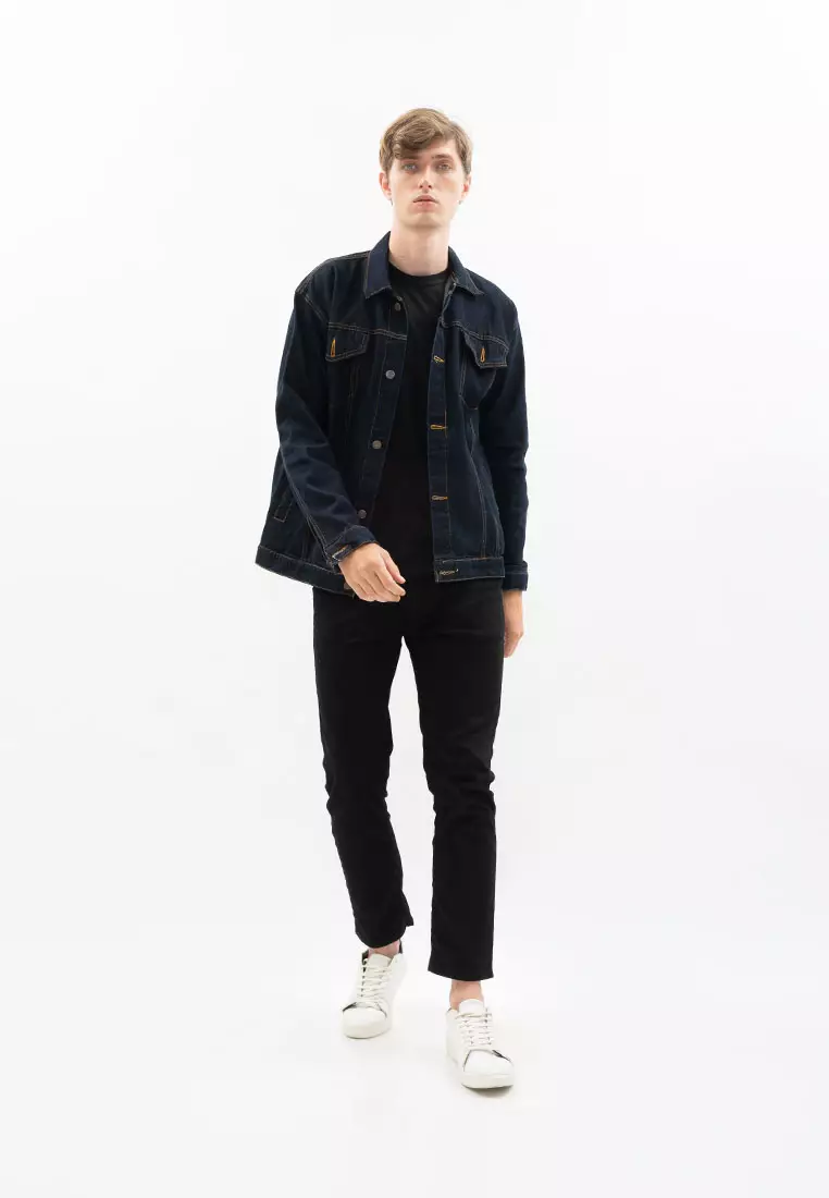 Jaket Jeans Pria Polos Tebal Dilan Jaket Denim Biru Gelap
