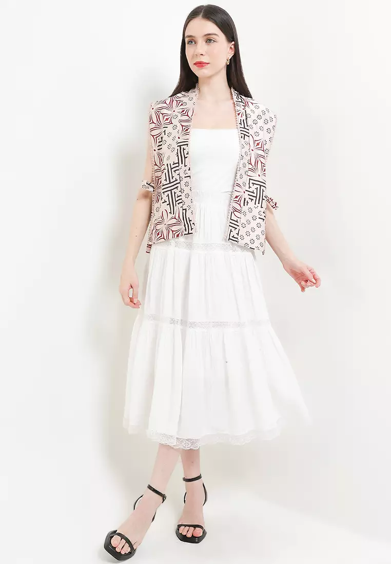 Outer Atasan Vest Batik Wanita Jalila Katun Premium Stretch Silk Cream Tanpa Lengan