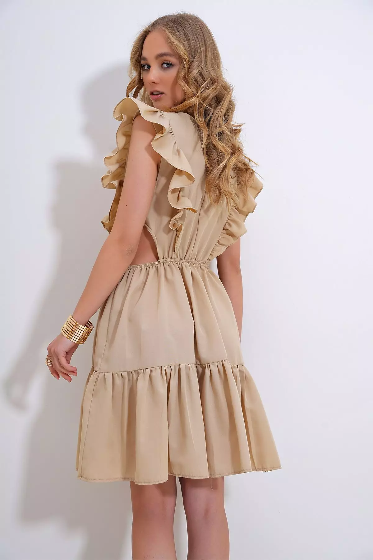 Women's Beige Boat Neck Low-cut Waist Poplin Dress