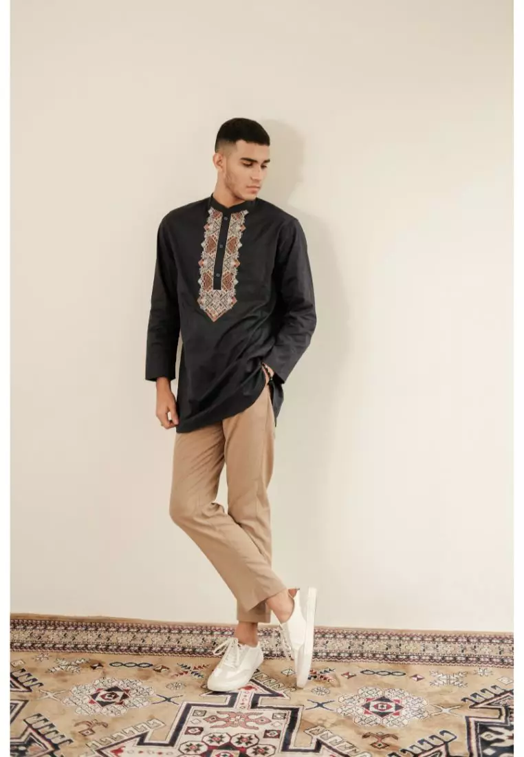 LARUSSO Kemeja Koko Kurta Bordir Panjang - Navy L003