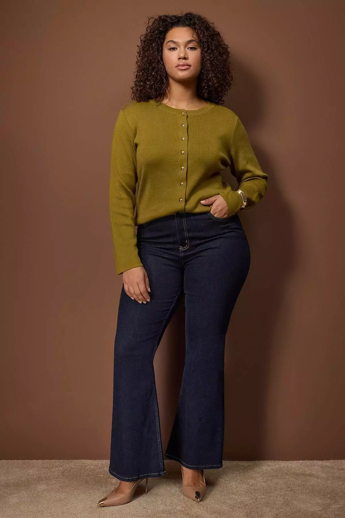 Wardrobe Essentials Oil Green Button Detailed Cotton Basic Knitwear Cardigan Tbbaw26Av00042