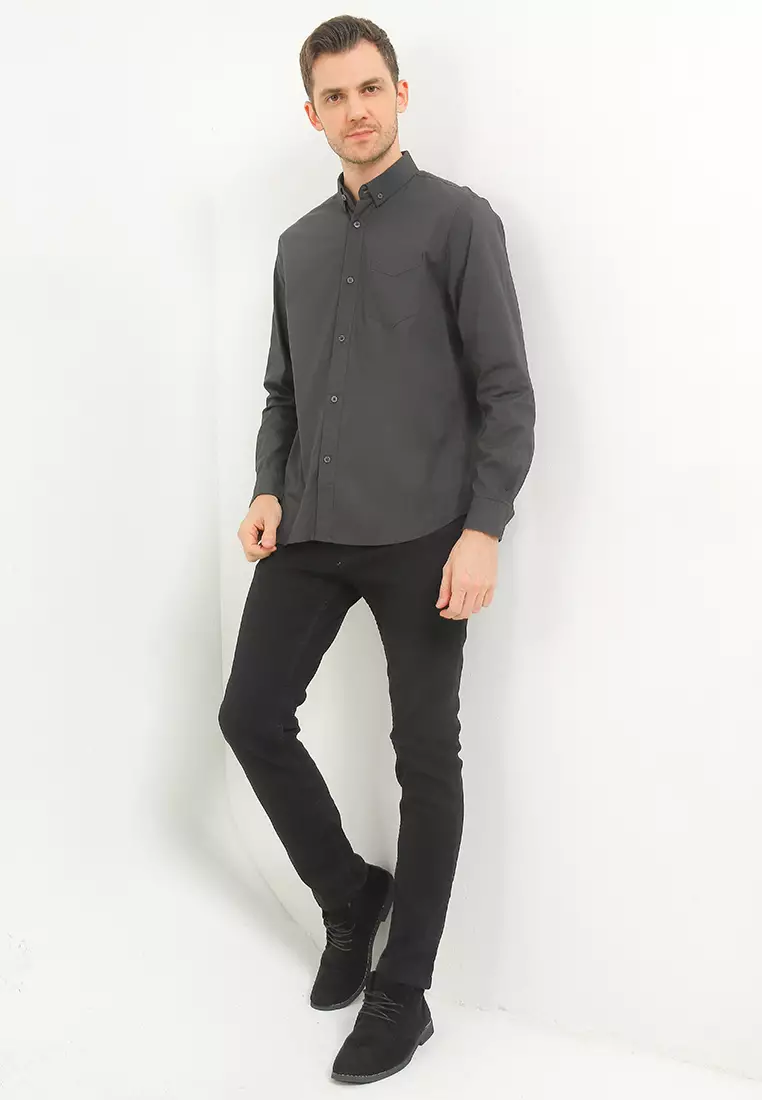 Kemeja Lengan Panjang Stretch Slim Fit - Dark Grey