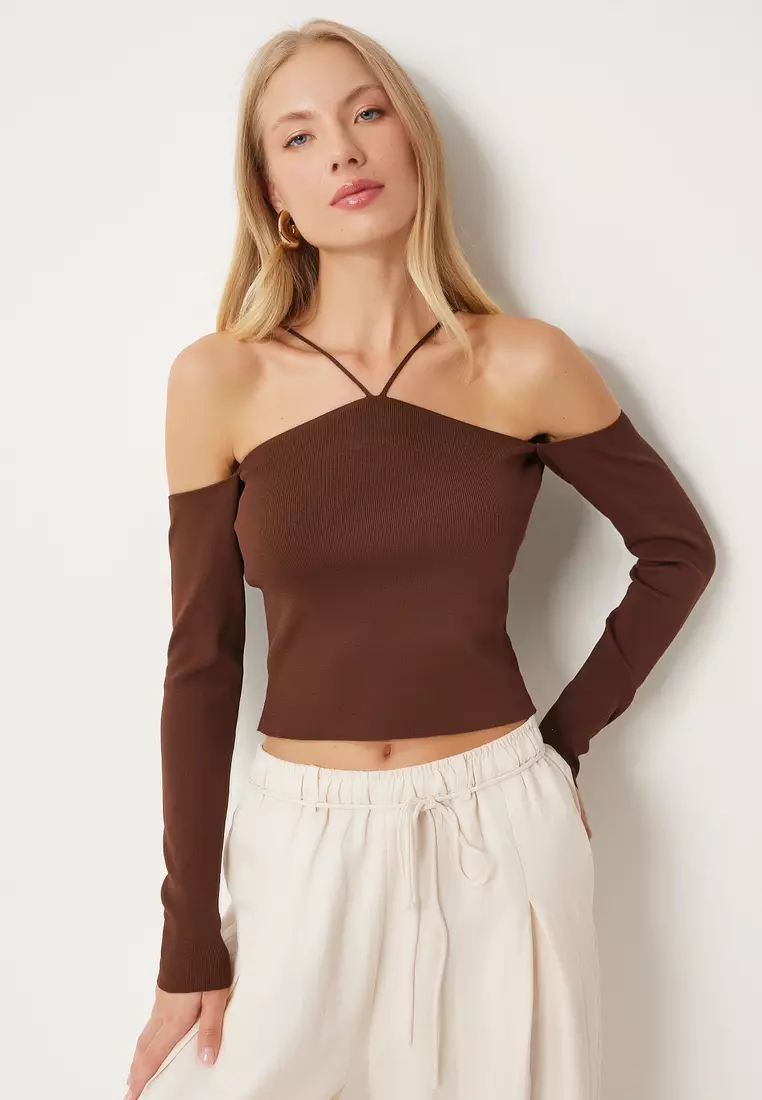 網上選購 Happiness Istanbul Brown Cross String Women'S Knitwear Blouse ...