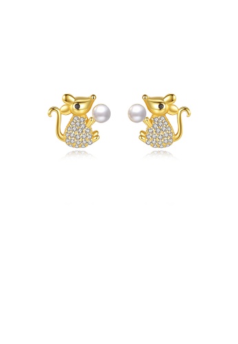 Glamorousky white 925 Sterling Silver Plated Gold Simple Cute Little Mouse Stud Earrings with Imitation Pearls and Cubic Zirconia 63F74ACE4D2B75GS_1