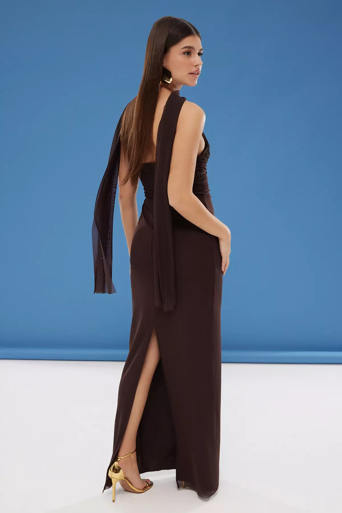 Slit Ruched Strapless Evening Maxi Dress With Scarf