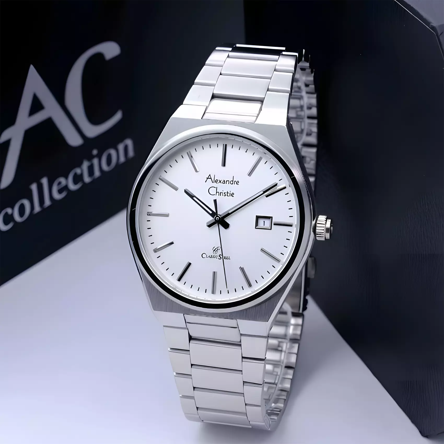 Alexandre Christie Classic Steel - Jam Tangan Analog Pria - Silver White Dial - All Stainless Steel - 8713 MDFSSSL