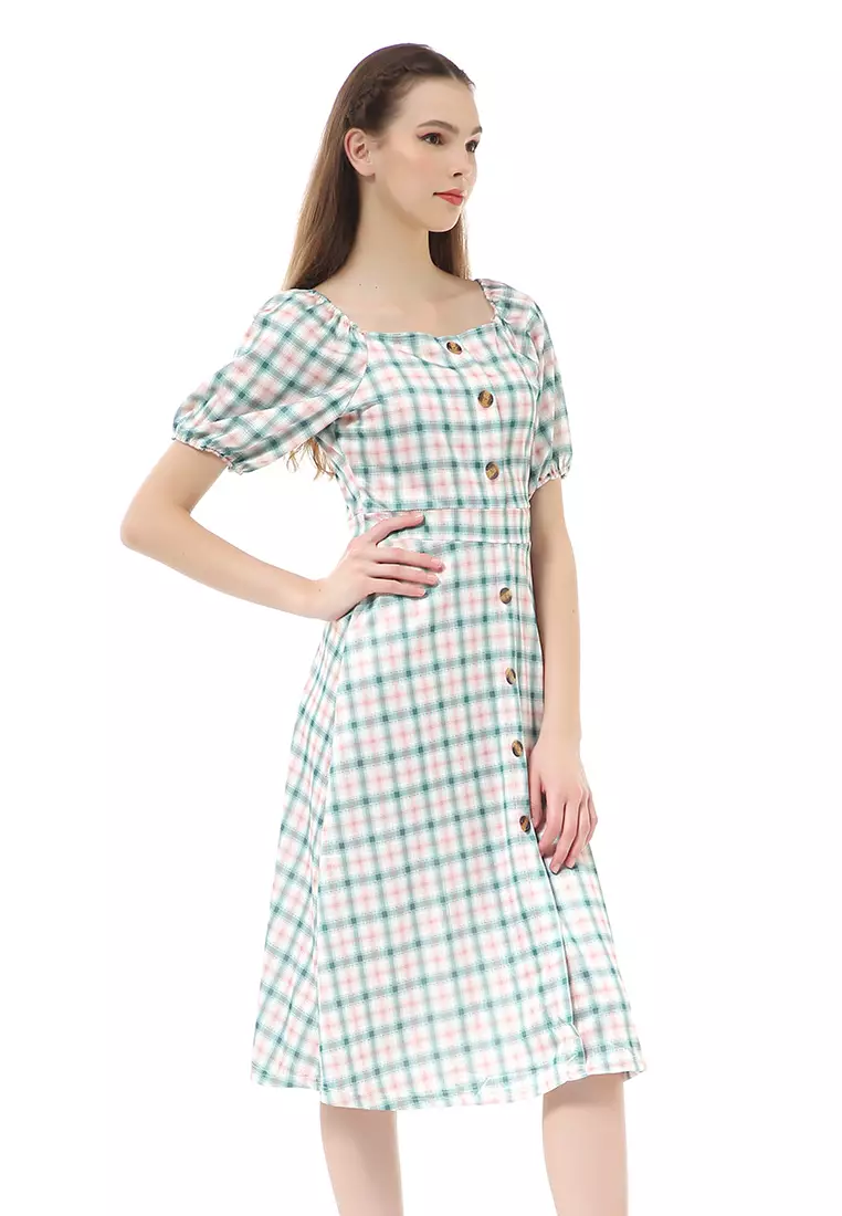 Rachel Dress Wanita Lengan Pendek Model Balon Plaid Motive Material Polyester ORIGINAL - Green