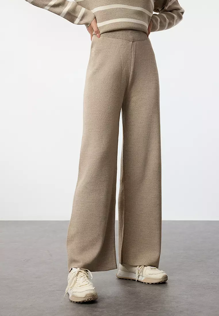 Beige Striped Knitted Trousers Top-Bottom Set TWOAW24AU00045