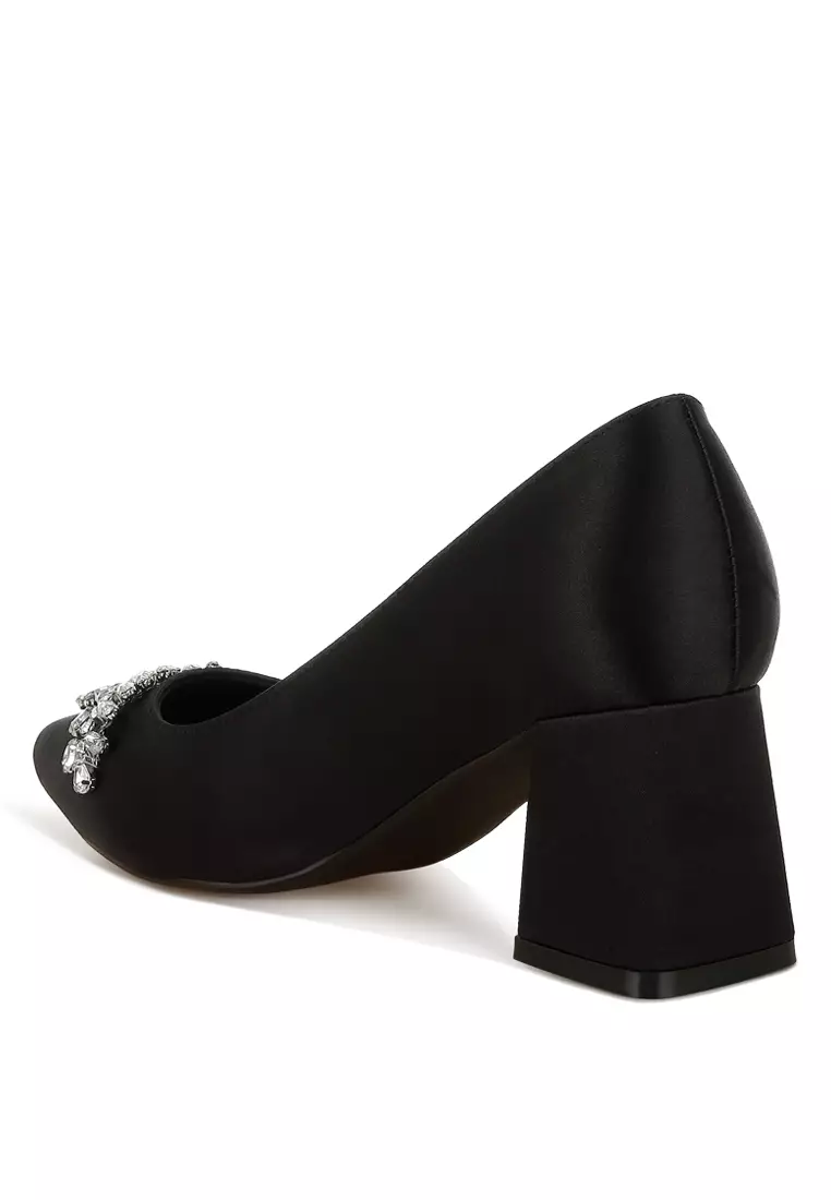 Satin Diamante Embellished Pumps in Black