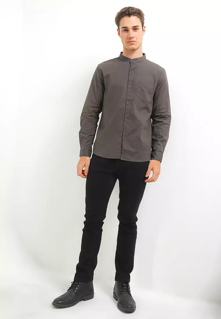 TRIPLE Kemeja Lengan Panjang Mandarin Slim Fit - Dark Grey