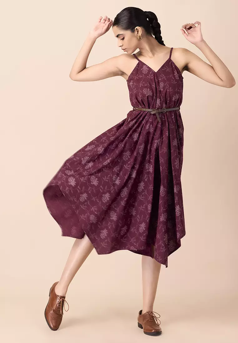 Buy Indya Maroon Floral Belted High Low Dress 2024 Online ZALORA   Indya 3474 9619392 6 