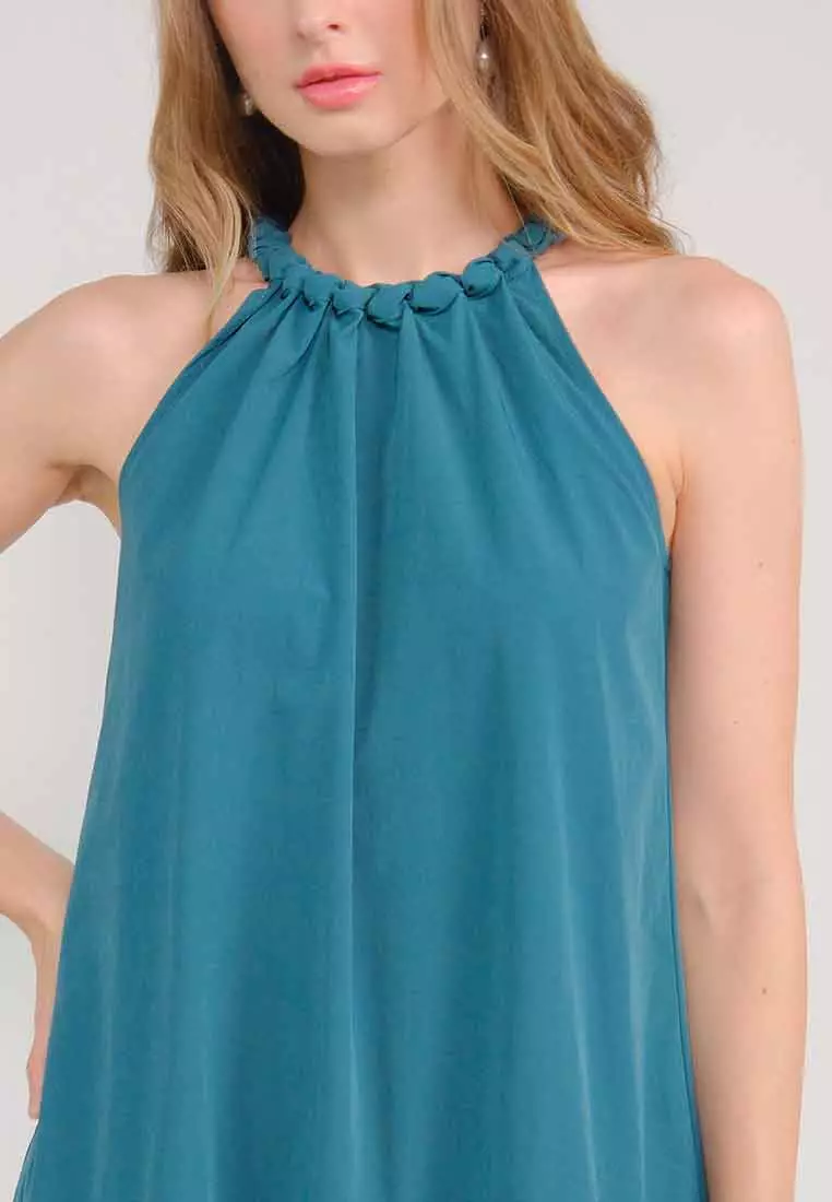 Orlisse Shift Flounce Hem Dress with Braided Neckline