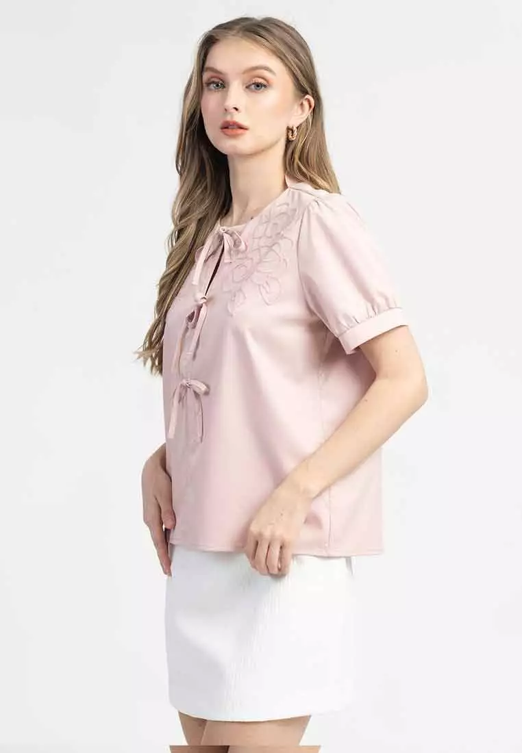 Elia Bow Front Top with Puff Short Sleeves