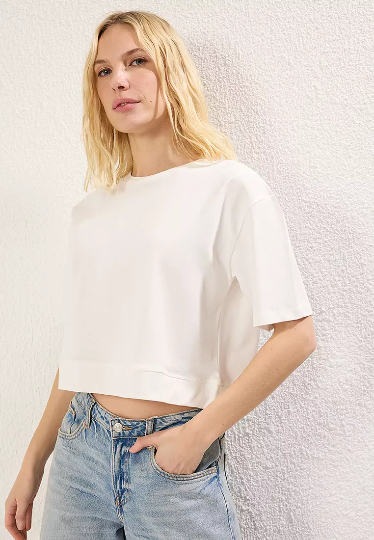 Ecru Relaxed/Comfortable Crop Crew Neck Knitted T-Shirt