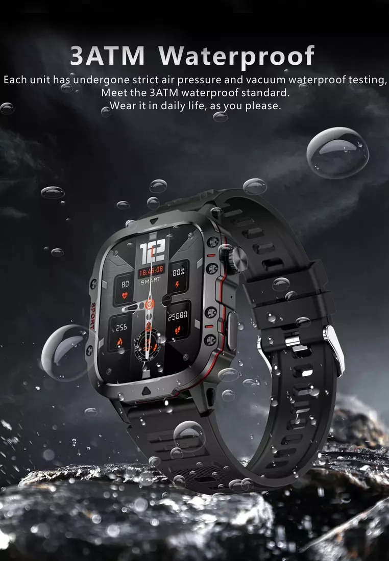 Unisex Smart Watch - Bluetooth Call - 1.96 Inch HD Screen 240x282 - Android/IOS - 3ATM Waterproof - Blood Pressure Monitoring - Rubber Strap