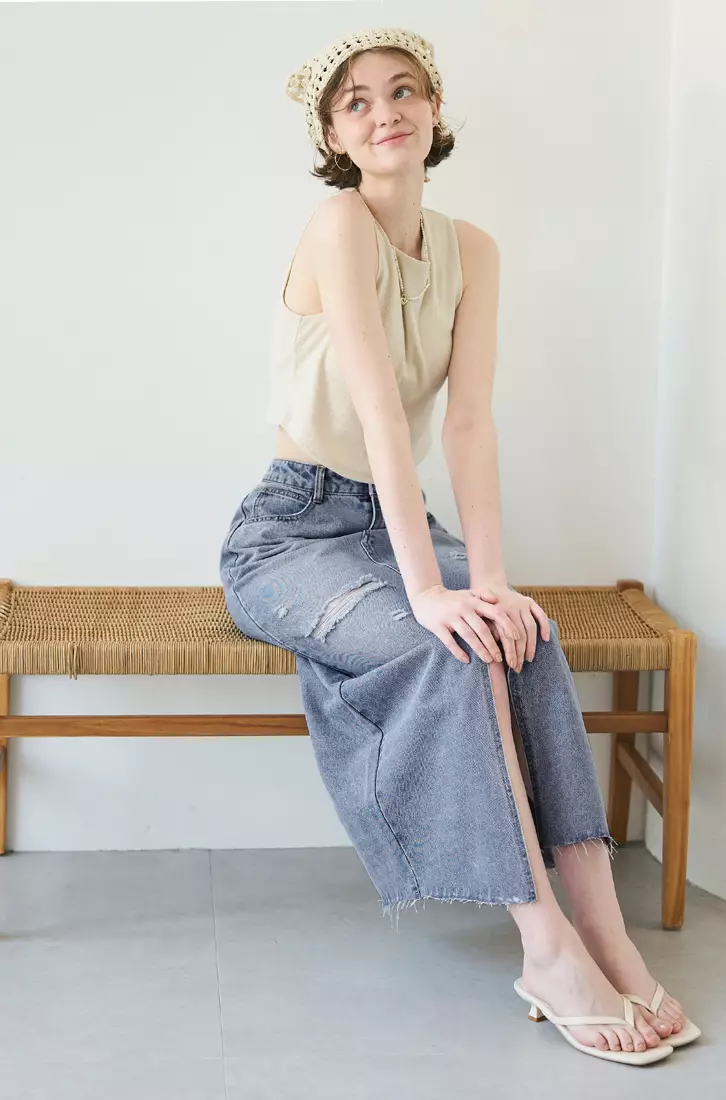 Midi Denim White Ripped Jean Skirt Ripped Denim Skirt New Arrivals