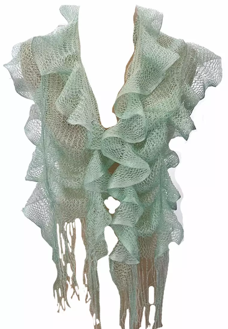 Crochet Frilled Scarf Metallic Light Green