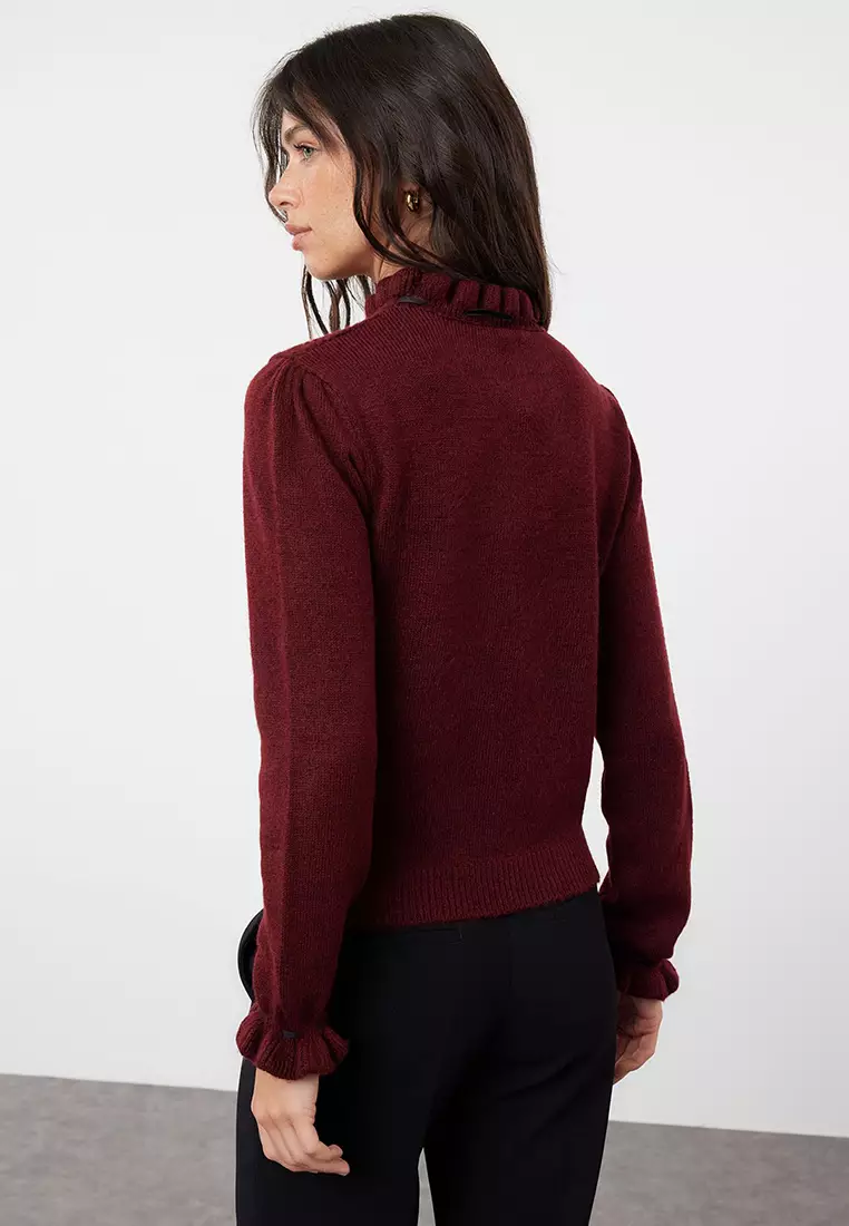 Claret Red Soft Texture Openwork/Hole Ribbon/Bow Detailed Knitwear Sweater TWOAW21KZ2355