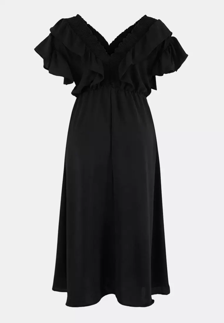 Black Plain A-Line Ruffled Midi Summer Woven Plus Size Dress Tbbss26Ah00034