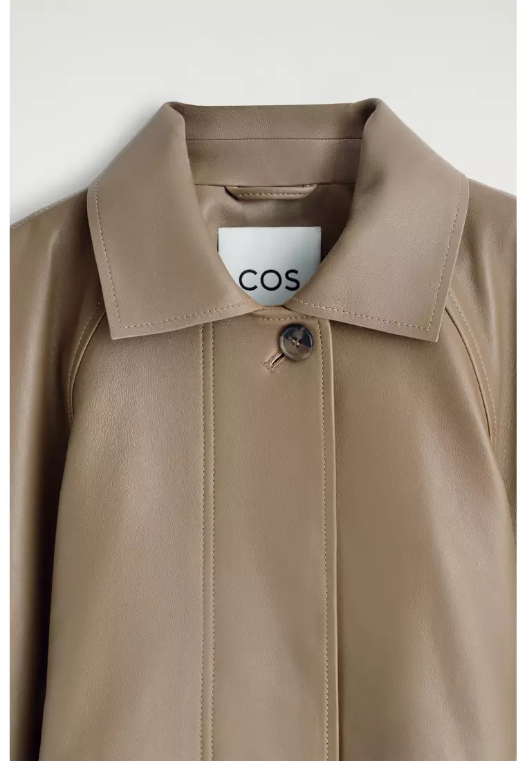 FUNNEL-NECK LEATHER SHORT TRENCH JACKET