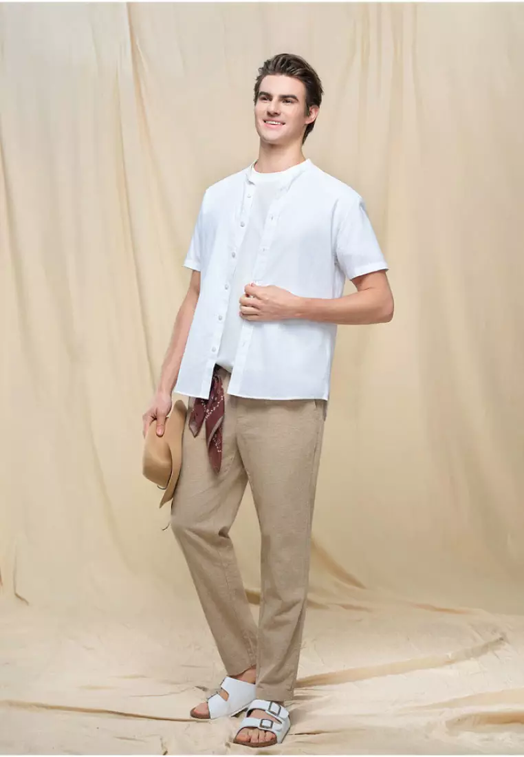 Men's Linen Cotton Slim Short Sleeve Shirt 01046214