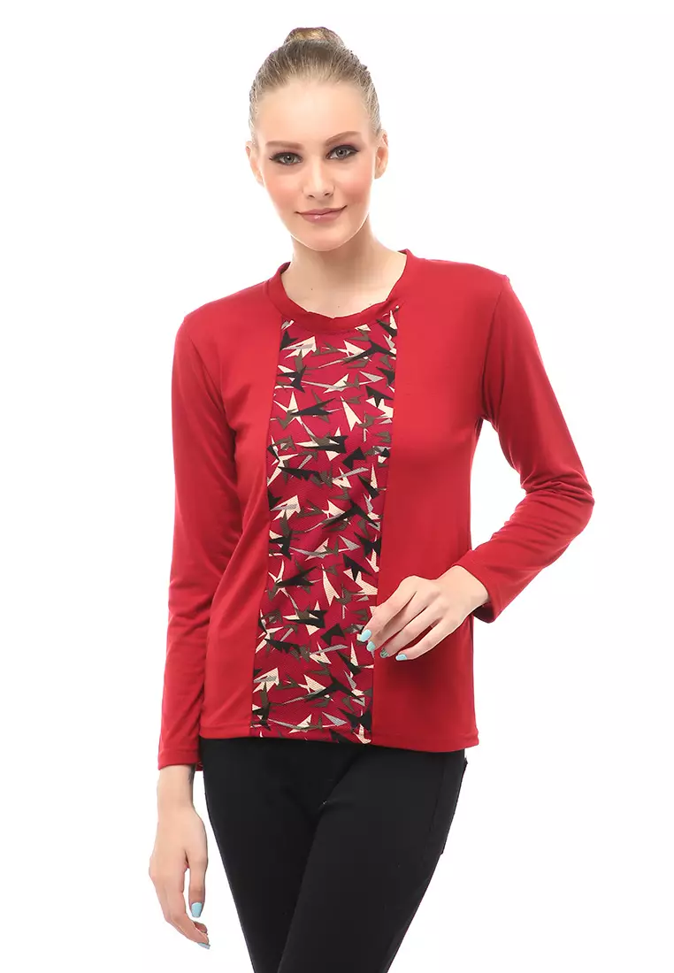 Kaos Atasan Wanita Long Sleeves Detail Motif Abstrak Slip On Style - Maroon