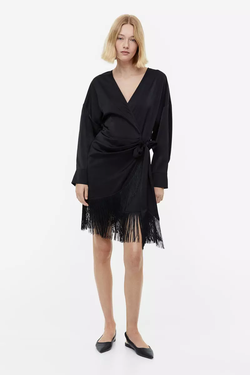 Buy H&M Fringetrimmed satin wrap dress Online ZALORA Malaysia