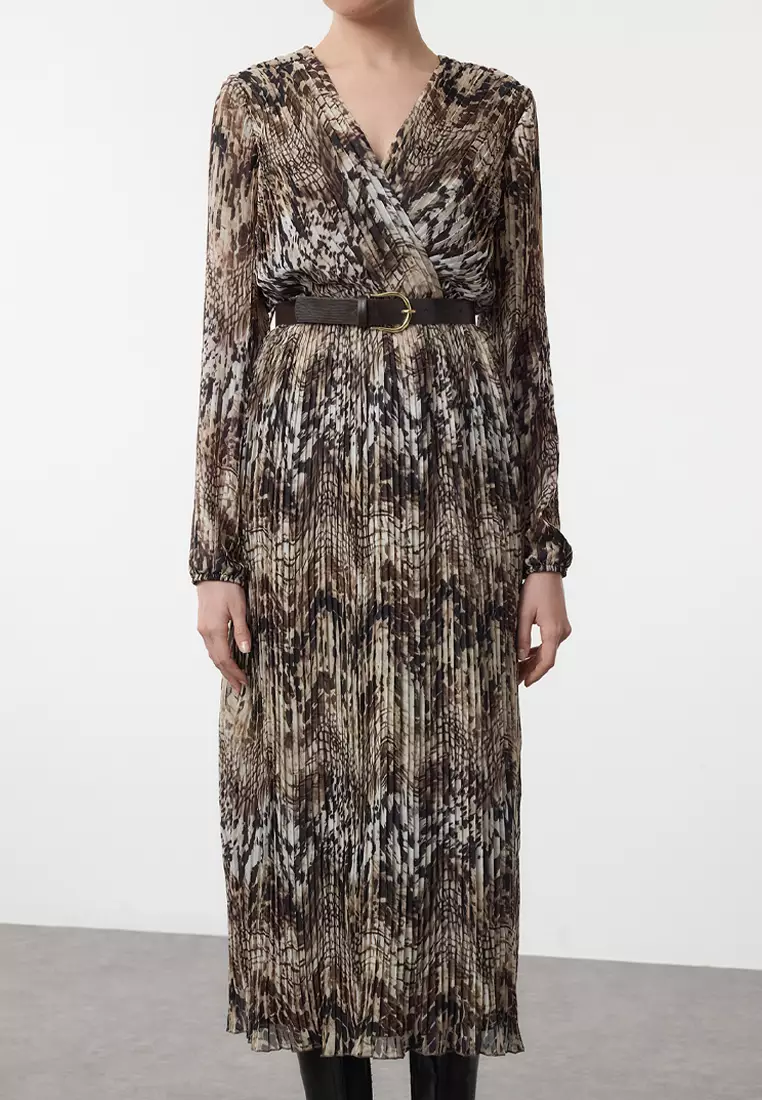 Plisse Belted Midi Dress