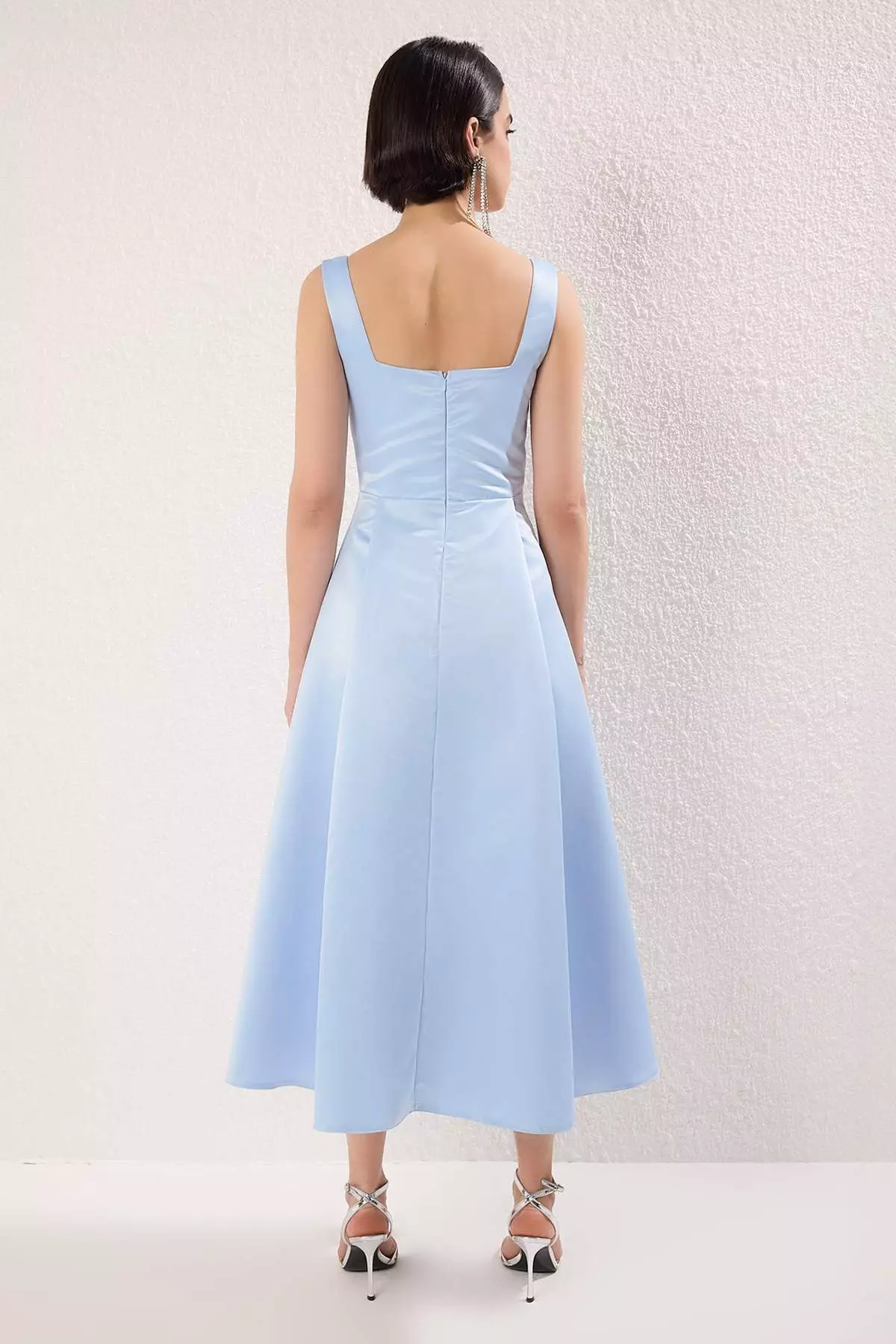 Light Blue Skirt Waist Open Woven Satin Midi Unlined Homecoming/Prom Dress