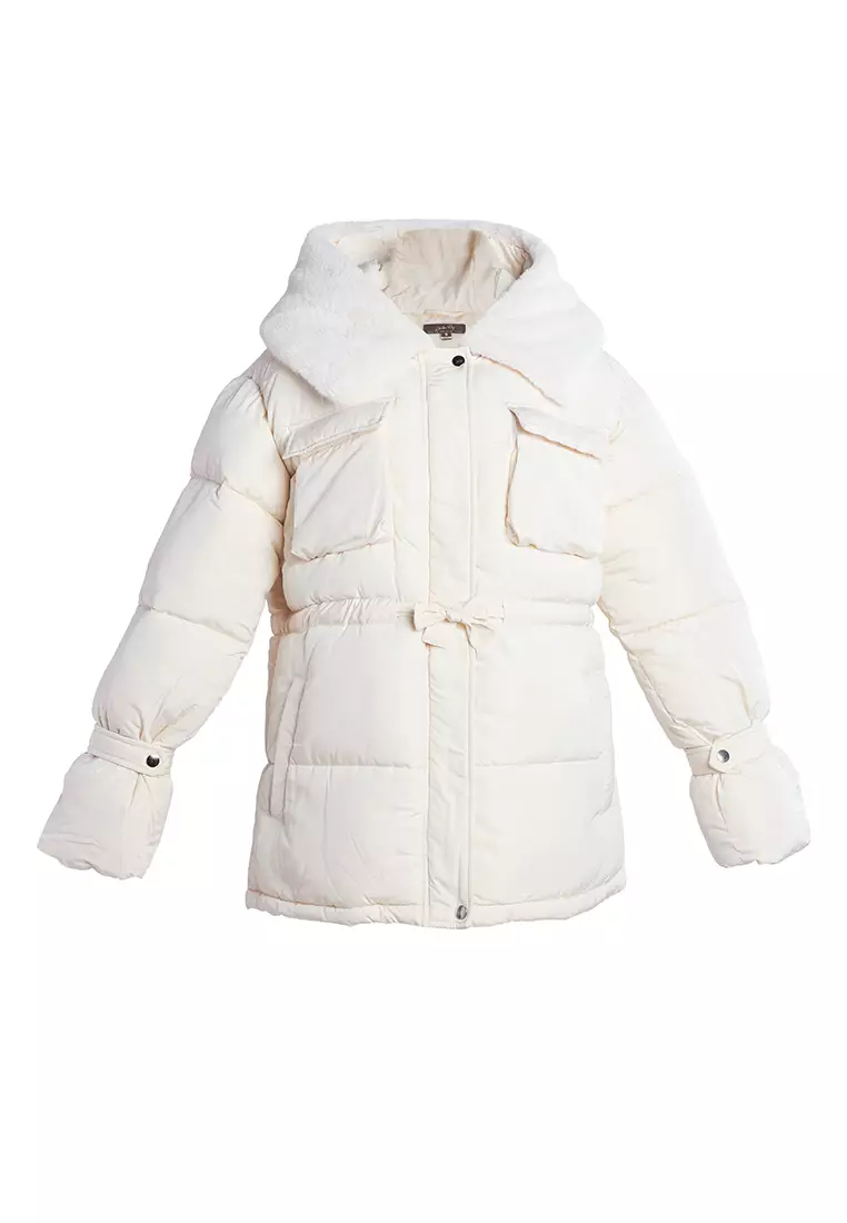 Cream Long Puffer Jacket Hoodie