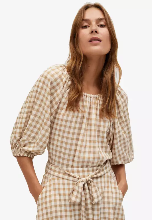 Puffed Sleeve Checked Blouse