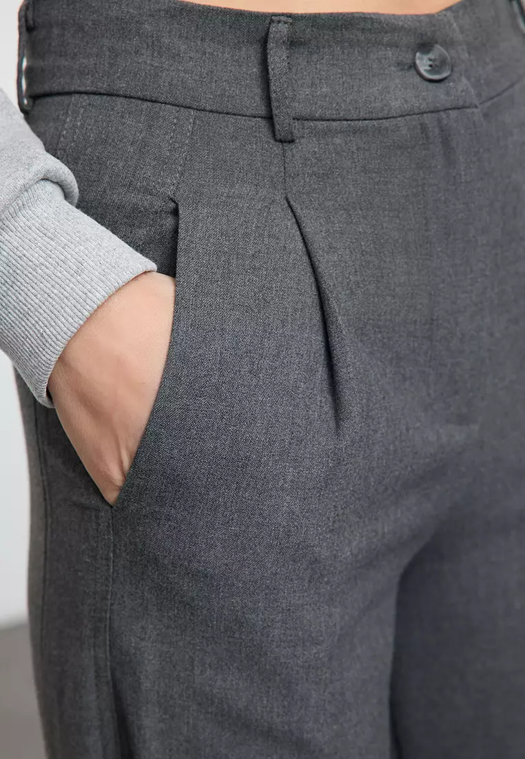 Grey Wide Leg Pleated Woven Trousers