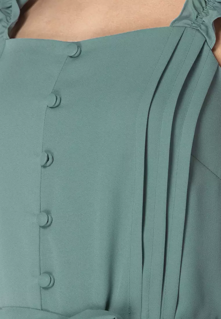 Green Strappy Belted Ruffle Dress