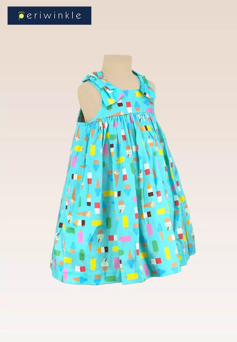 Hailey Baby Girls Blue Green Allover Ice cream Print Empire Dress with Diaper Cover