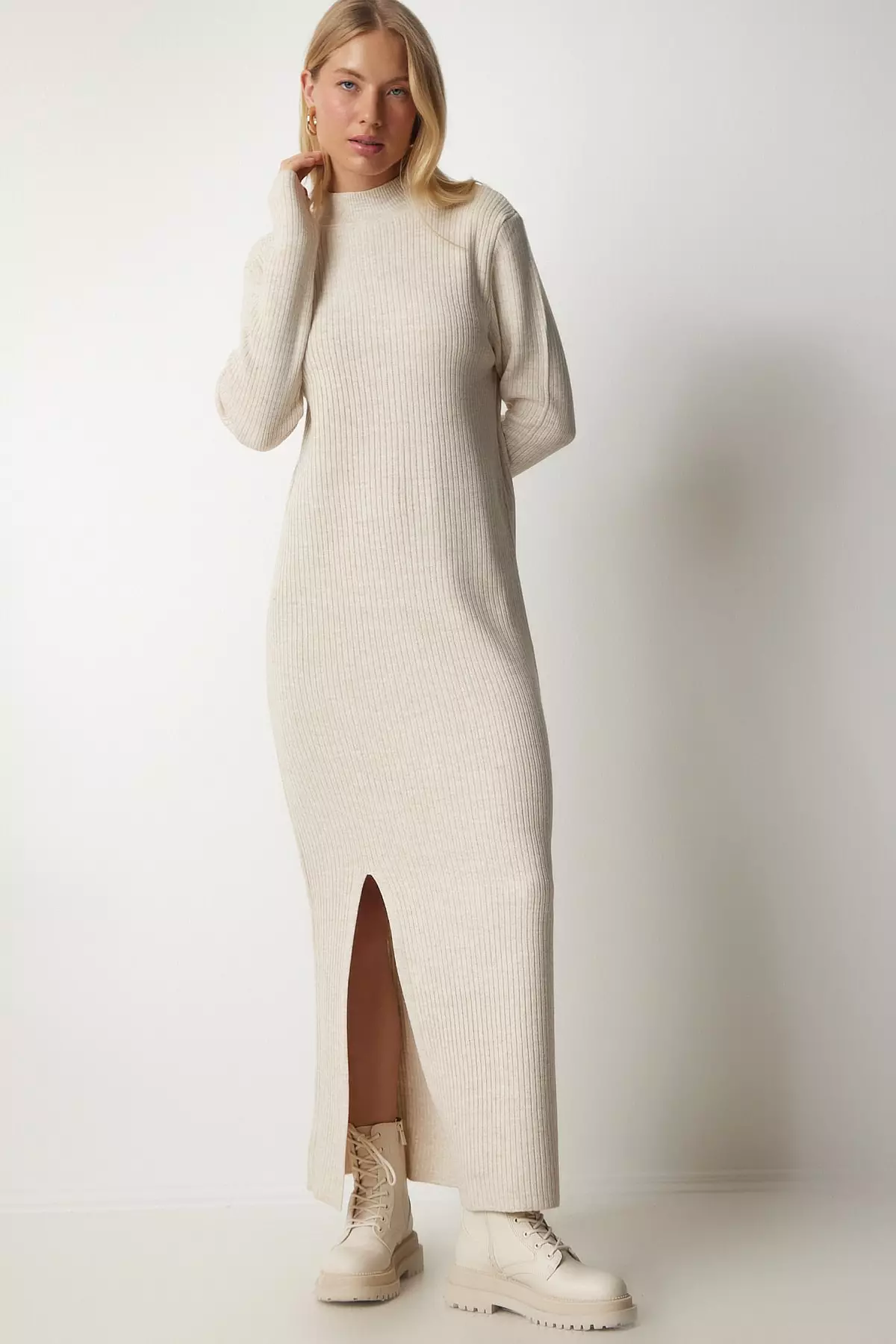 Turtleneck Slit Long Knit Dress
