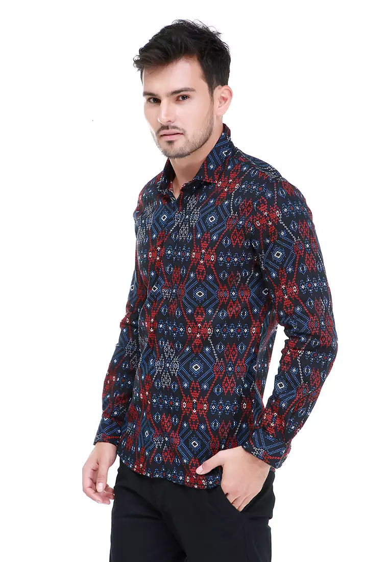 Dwan Kemeja Batik Pria Luxury Atasan Formal Longsleeve Shirt Material Cotton ORIGINAL - Red