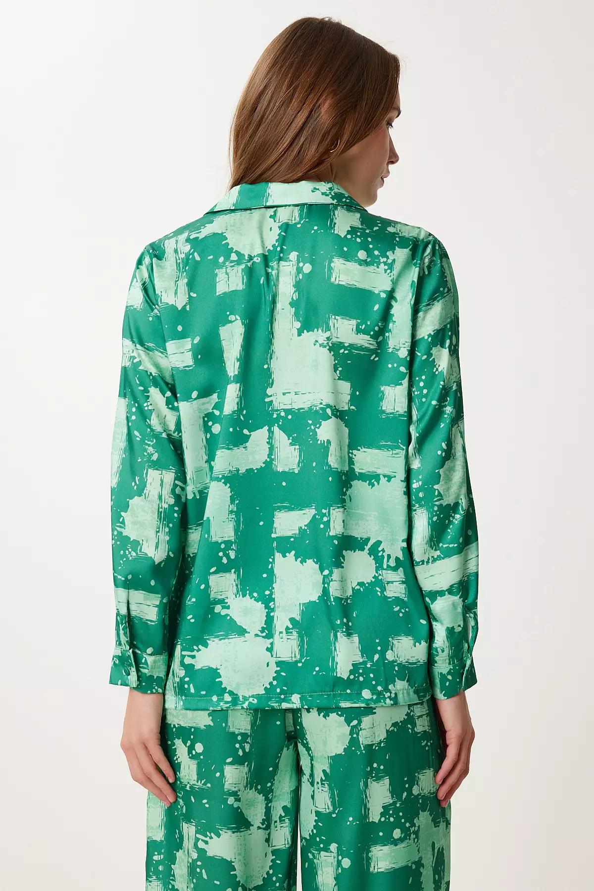 Women's Green Patterned Satin Shirt Pants Suit Fg00036