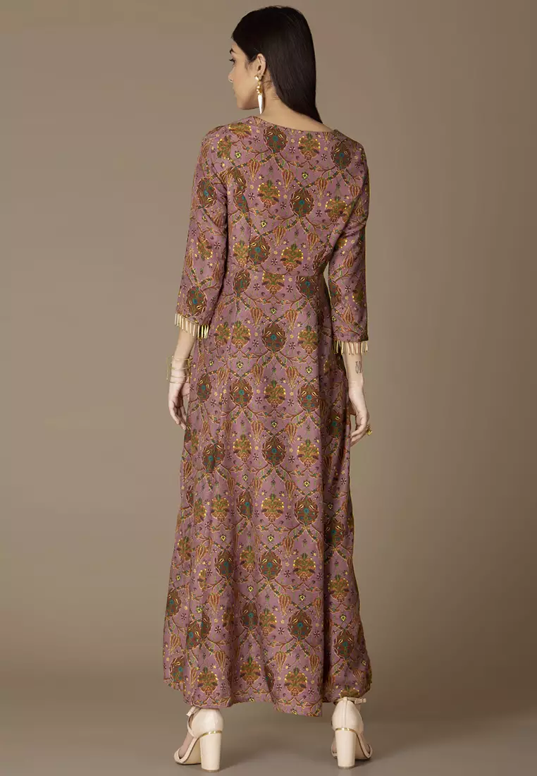 Pink Floral Glass Fringe Trim Maxi Kurta