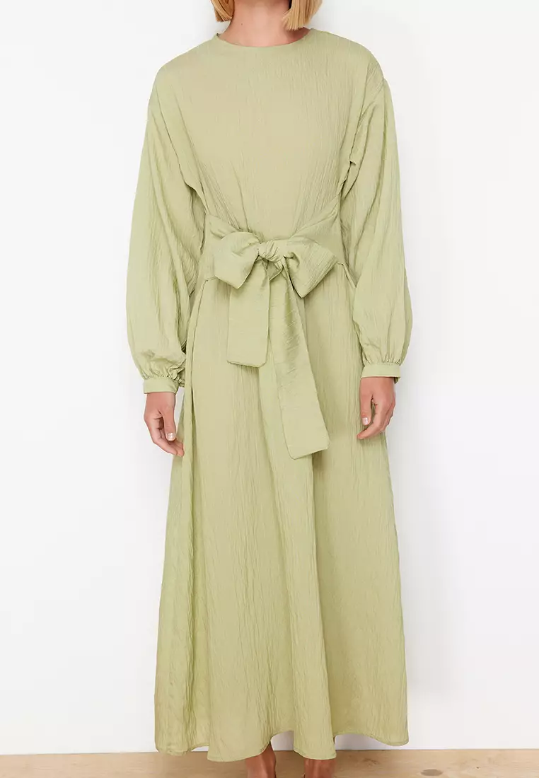 Khaki Front Tie Woven Dress TCTSS24EB00131