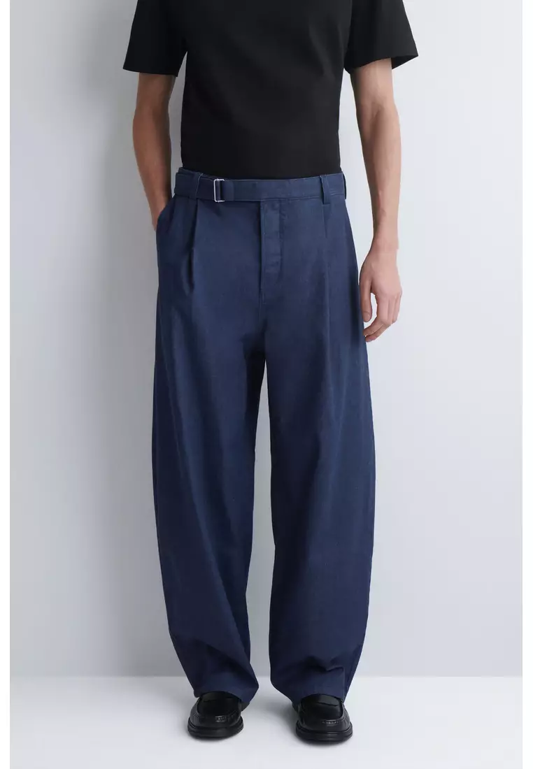 BELTED DENIM RELAXED-FIT BARREL-LEG TROUSERS