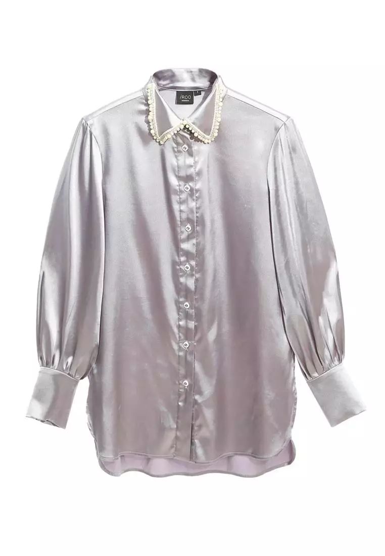 Grey Satin Blouse With Pearl Collar Detail