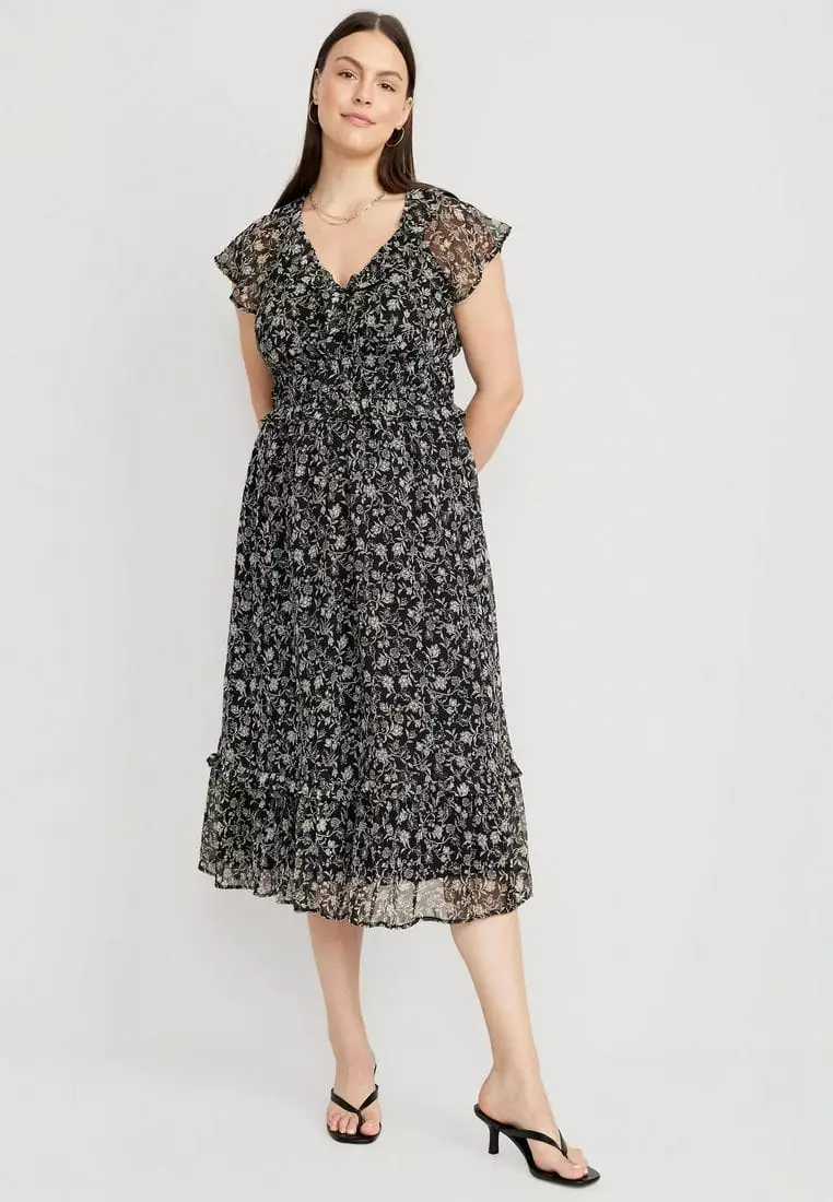black floral dress old navy Child Size 5 square neck short puffy sleeves shirred tiered skirt relaxed fit hits at thigh hits above kneemodels are approx Square-Neck Linen-Blend Floral Mini Dress