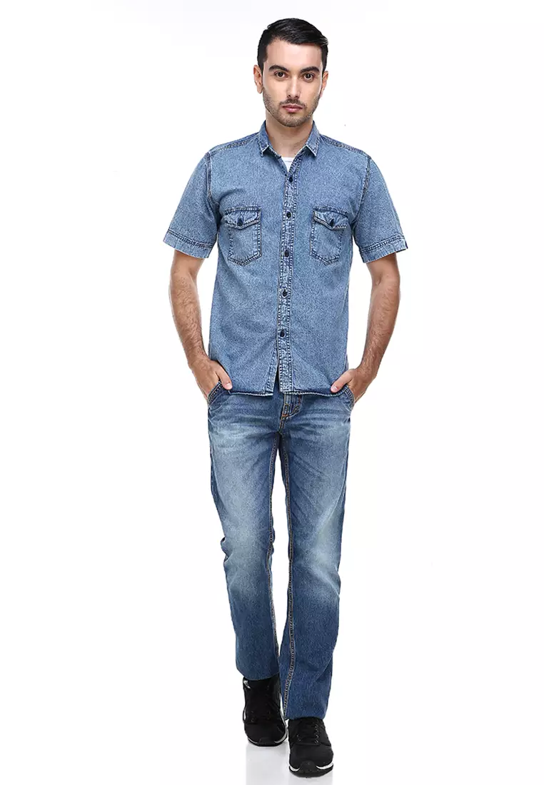 Dwan Casual Shirt Baju Kemeja Jeans Pria Lengan Pendek Material Denim ORIGINAL - Light Tash