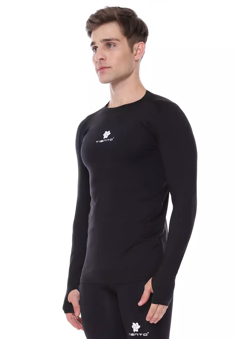 Tiento Man Baselayer Sport Rashguard Thumbhole Black Manset Olahraga Pria Lubang Jari Original