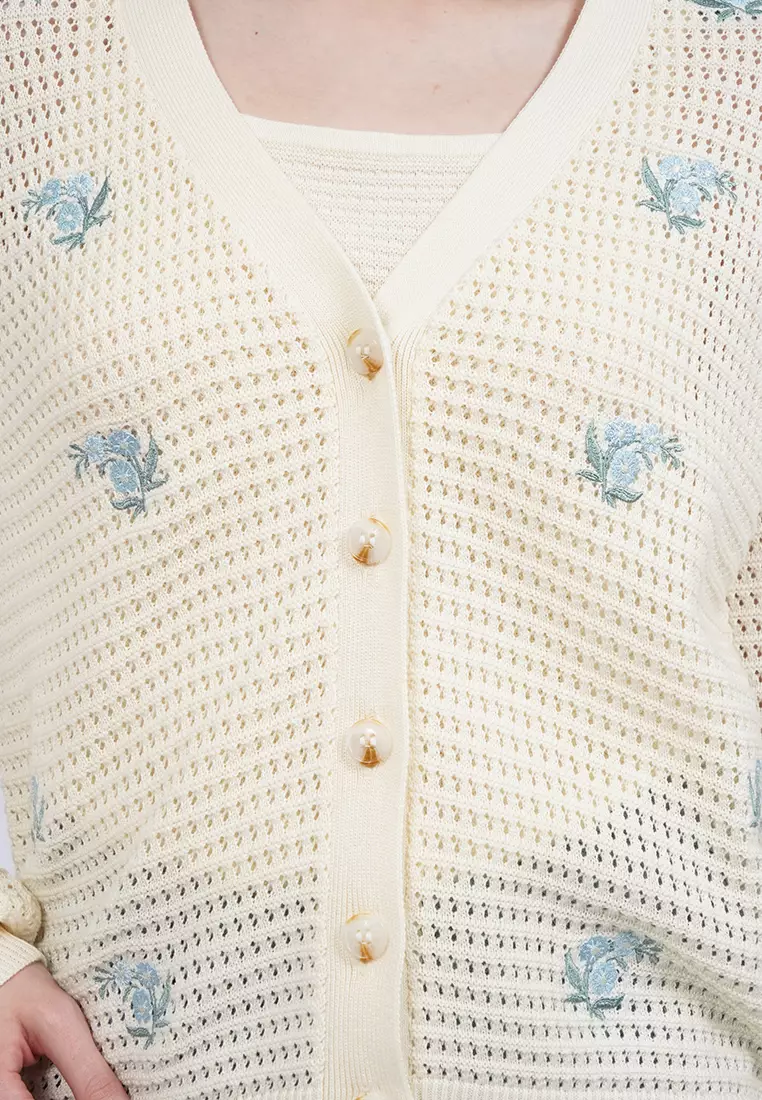 Long Sleeve Embroidered Cardigan OFF WHITE