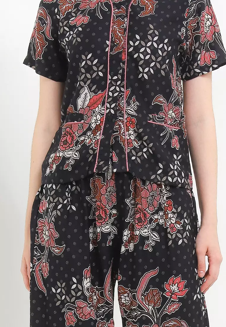 Piyama Katun Rayon Sleepwear Wanita One Set Zafea Setelan Atasan dan Celana Bawahan Black