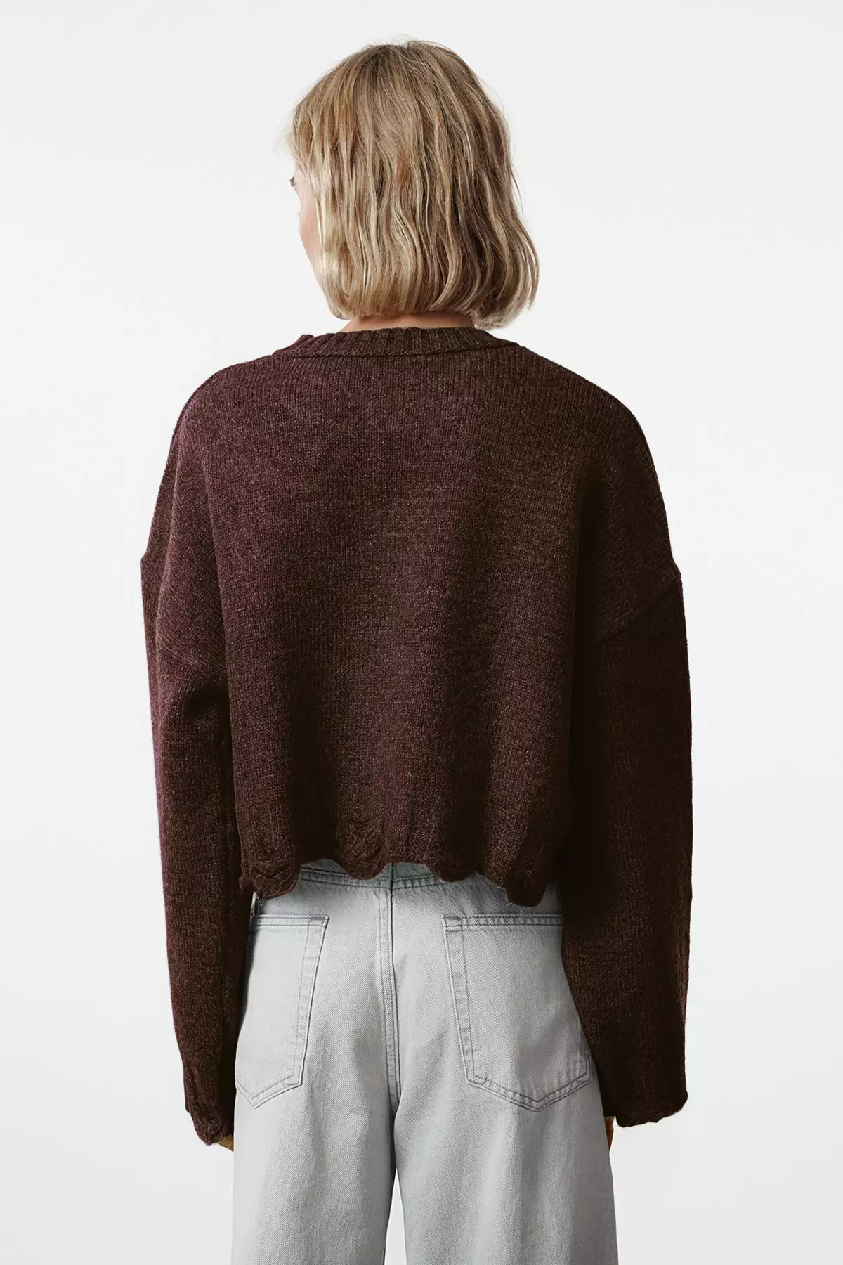 Brown Crop Wide Pattern Soft Textured Flow Detailed Knitwear Sweater