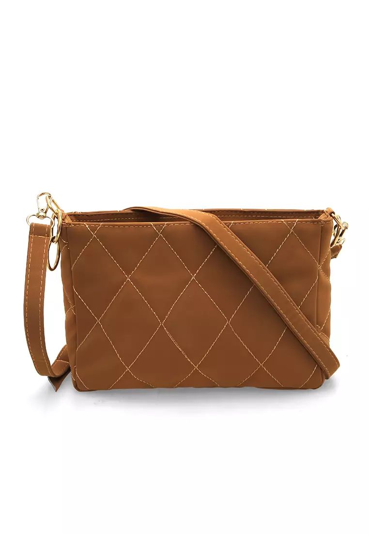 Tania Tas Selempang Wanita Motif Kotak Design Elegant High Quality - Choco