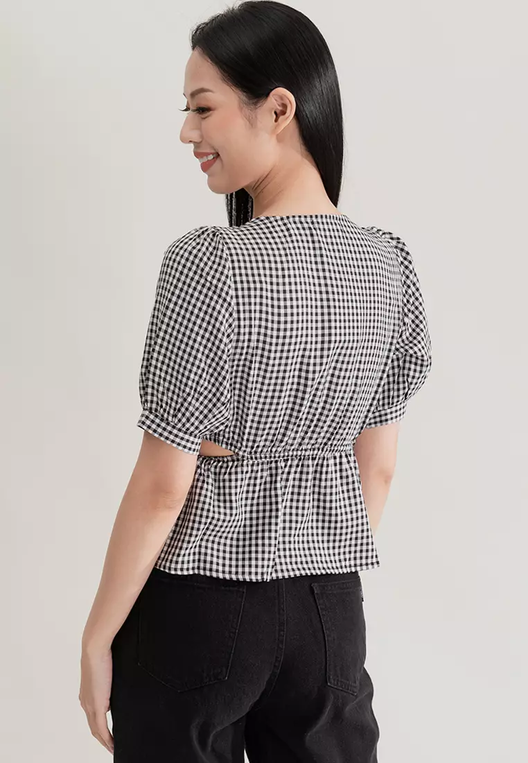 格纹灯笼袖短版上衣